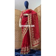 Net Saree Red Golden Border (With Adjustable Blouse)