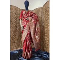 BANARASI SAREE (RED COLOR) (ADJUSTABLE BLOUSE INCLUDED)