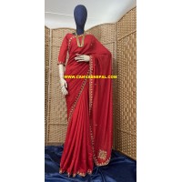 VICHITRA SILK WITH HAND WORK SAREE (RED COLOR)